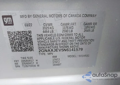 2022 Chevrolet Equinox Fwd 2Fl z USA, uszkodzony, nr VIN 2GNAXJEV5N6141579